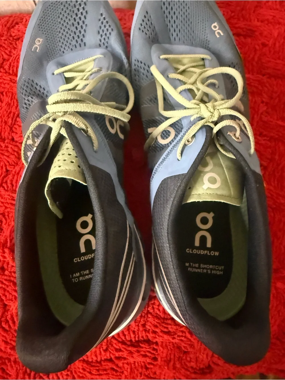 ON Cloudflow Running Shoes Mens 12.5 Blue Green Stripe Athletic Sneakers